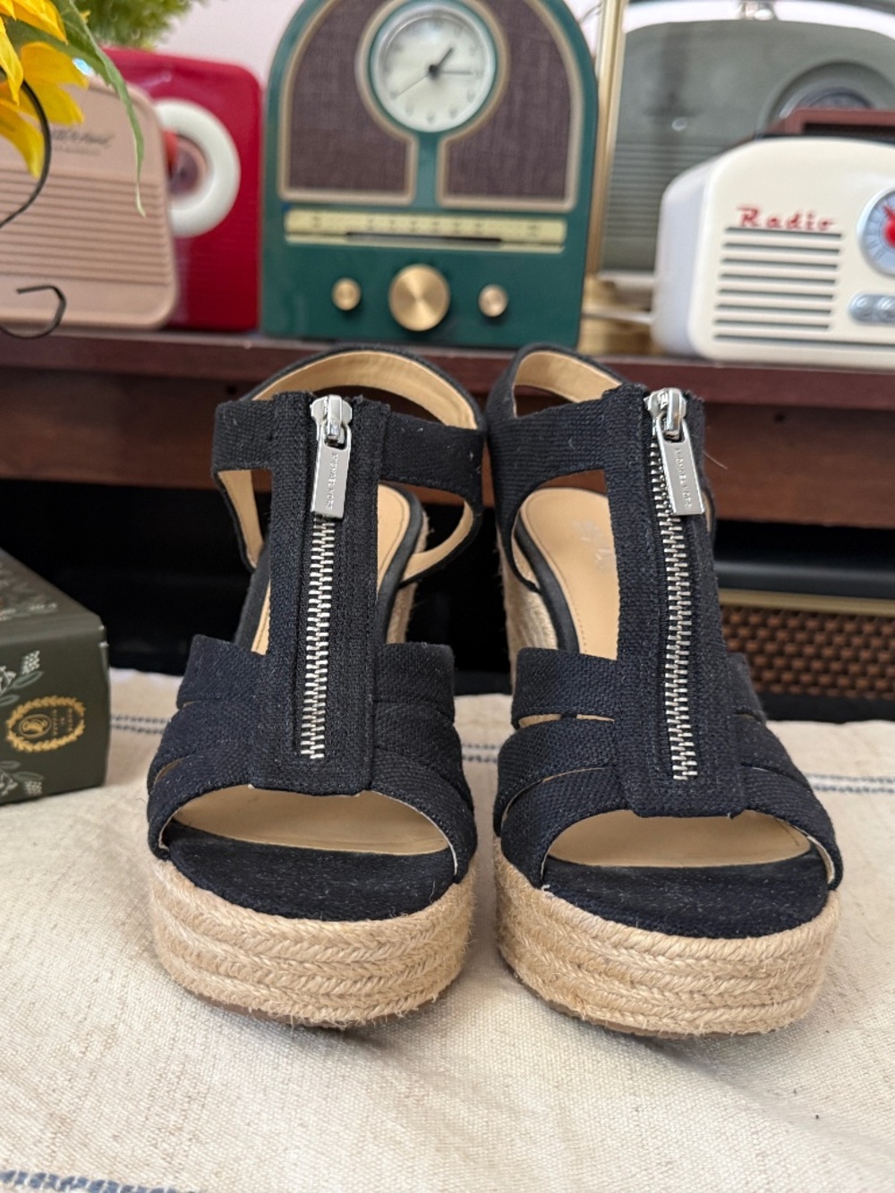 Michael Kors Black Canvas Zip Front Espadrille Wedge Sandals